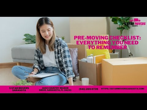 Woman sitting on the floor with a pre-moving checklist, surrounded by moving boxes, emphasizing essential tasks for an organized relocation. 5 Star Movers Sarasota contact information and logo in the background.